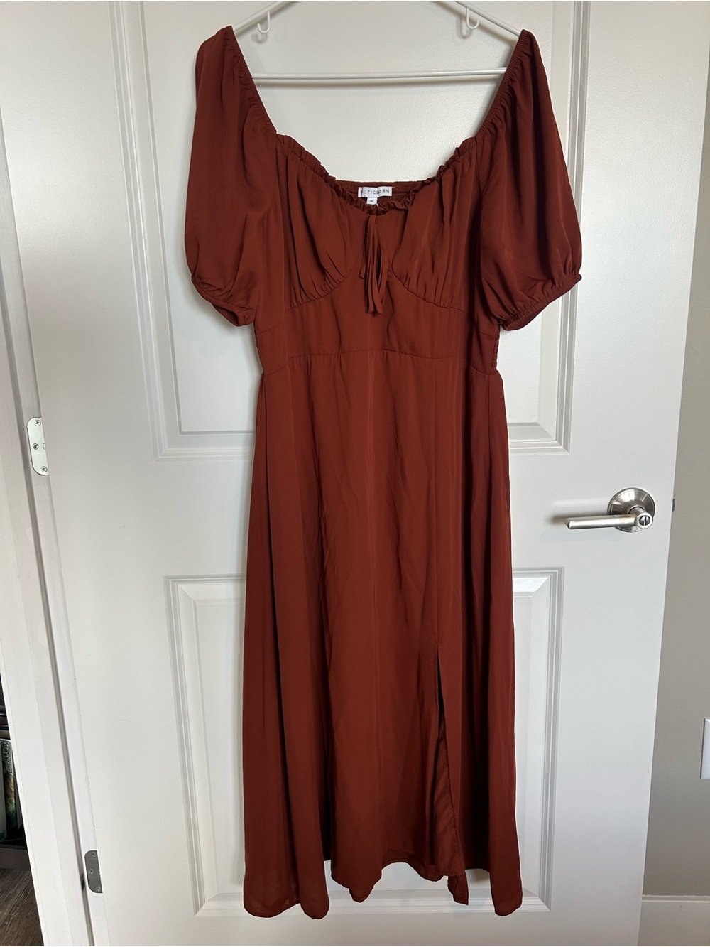 Baltic Born Burnt Orange/Rust Puff Sleeve Midi Dress